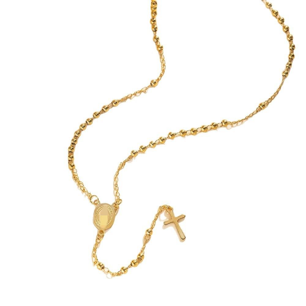 Women Vintage Rosary Necklace, Stainless Steel Virgin Mary Medal Cross Beaded Chain Fashion Jewelry