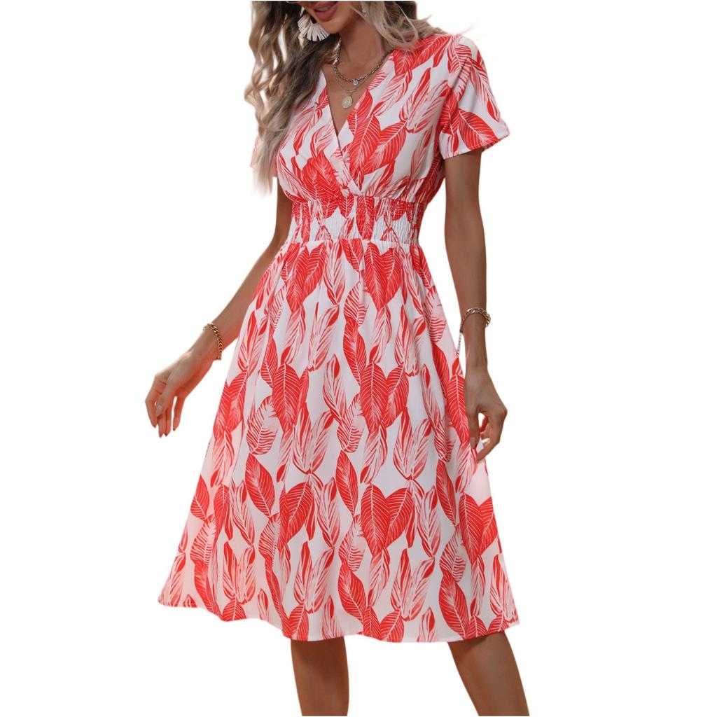 Damenkleider Lässig Klein Geblümt V-Ausschnitt Kurzarmkleider