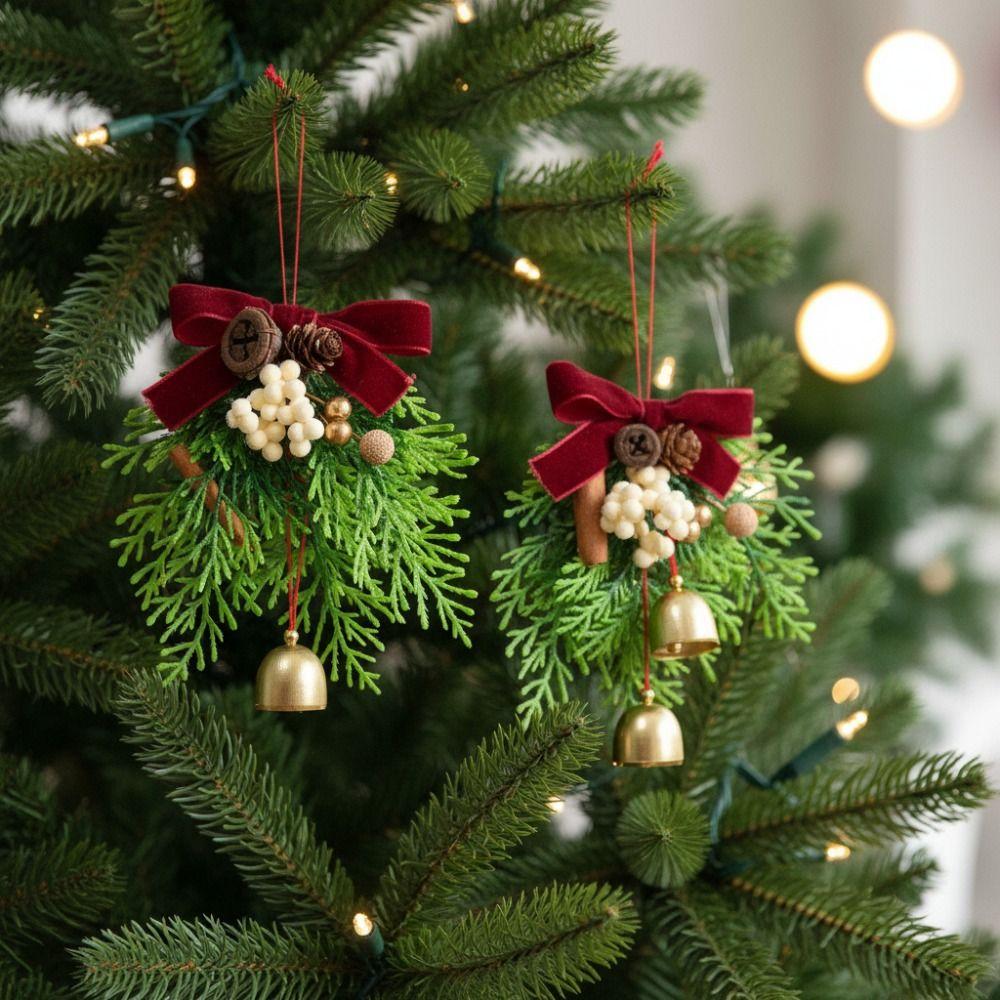 Creative Christmas Bell Pendant Velvet Bow Crisp Sound Xmas Tree Pendant with String 3D Christmas Jingle Bells Entrance Porch
