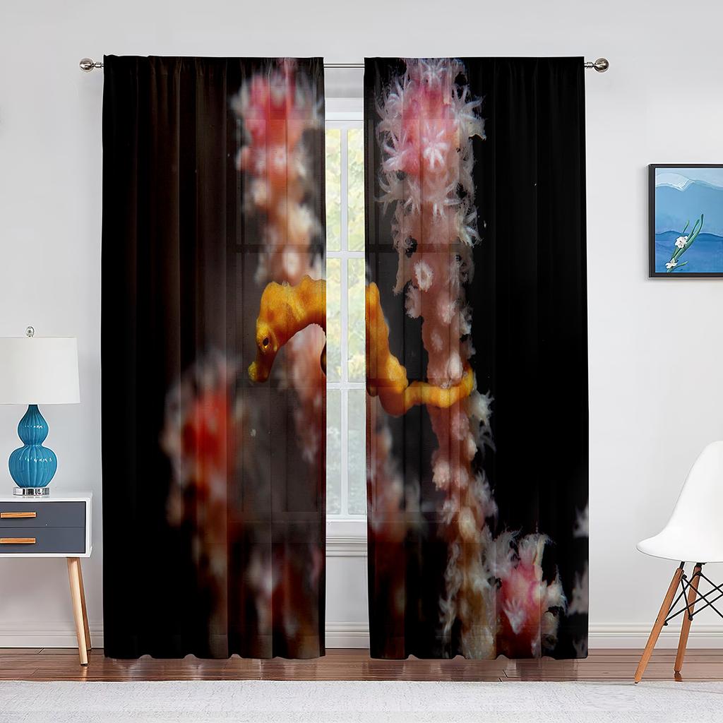 Ocean Seahorse Blue Sheer Voile Curtain Underwater Marine Life Window Tulle Curtains for Living Room Bedroom Kitchen Decoration
