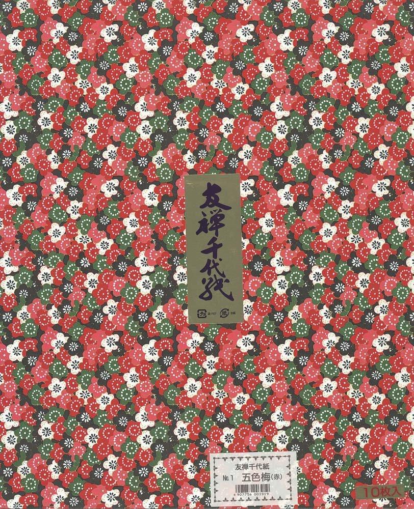 Ehime Paper Washi Yuzen Chiyogami Plum Blossom Small Size Red 10 Sheets Co., Ltd. Five-Colored YU-No.01