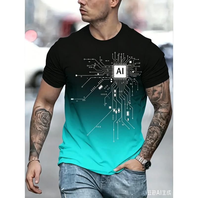 2026 New Men's AI Circuit Board Print T-shirt Gradient Crew Neck Short Sleeve Casual Tee for Streetwear Summer Breathable Tops