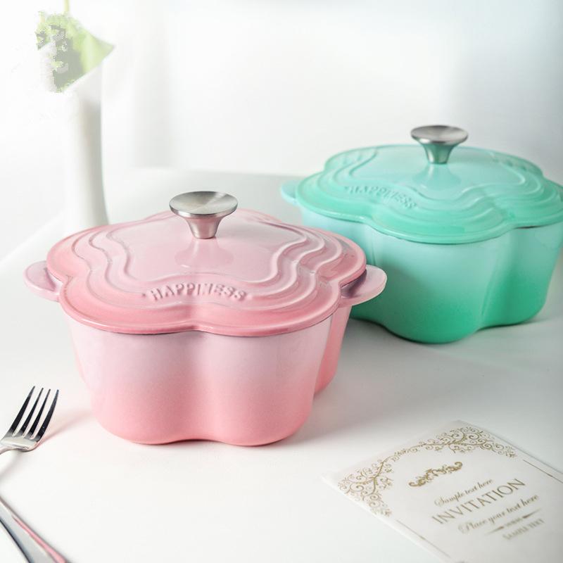 20cm Petal Cast Iron Dutch Oven Binaural Enamel Pot for Bake Bread and Casserole Dish Braising With Lid For All Heat Source