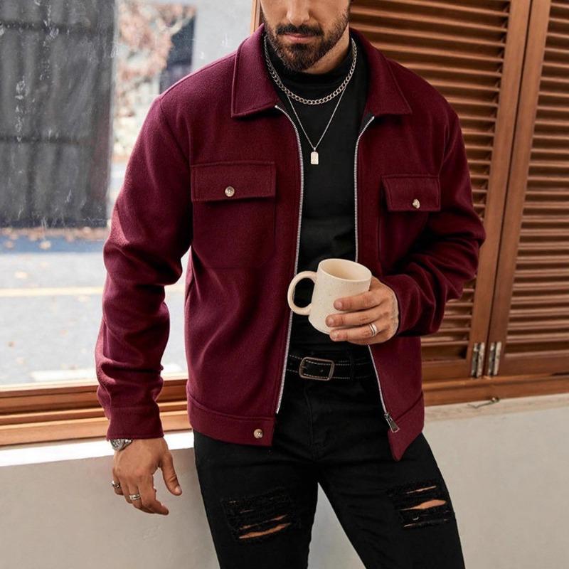 Men's Burgundy Zip Front Overshirt Jacket with Flap Pockets Casual Coat