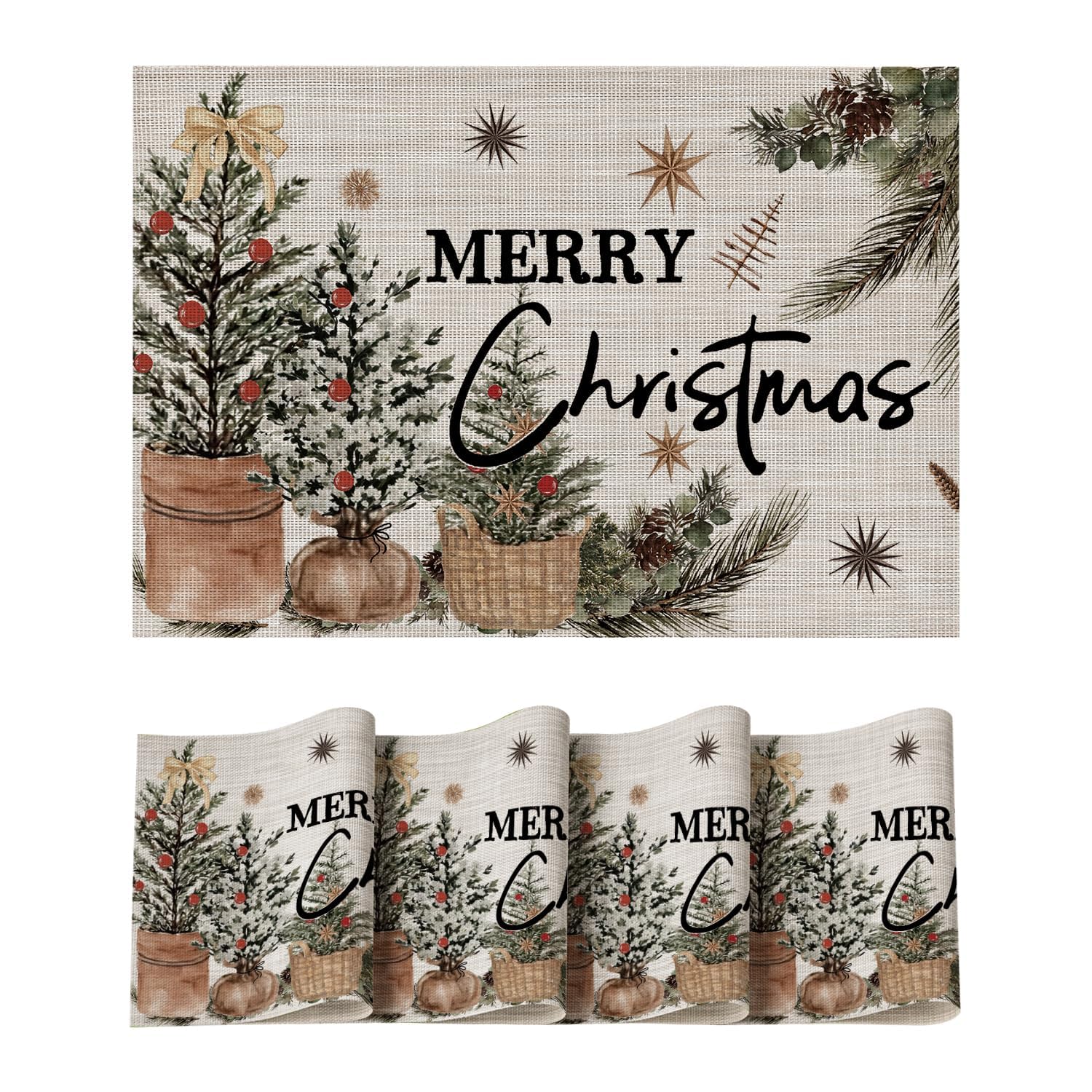 

Xmas Trees Holly Pine Cone Vinyl Christmas Placemats Set of 4, 12x18 Inch Washable Plastic Non-Slip Woven Winter Table Mats 12 x 18 , Rectangular 4 Pcs