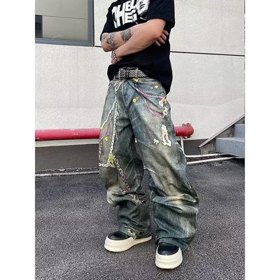 Mens Wide Leg Distressed Washed Denim Jeans With Chain Print Slightly Flared Cut Mid-Rise Straight Tapered Pants