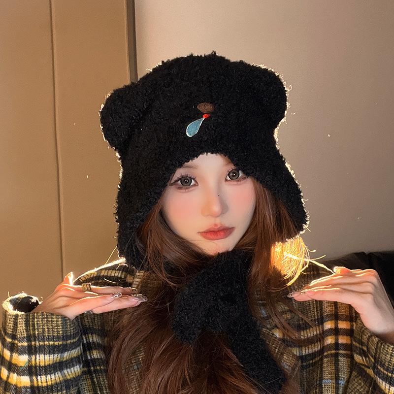 New Hat for Women's Snot Bear Lace Up Plush Hat Autumn and Winter Ear Protection Warm Pullover Hat Knitted Lei Feng Wool Hat