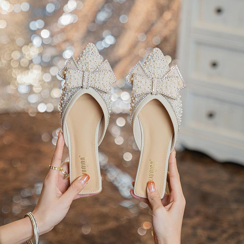 Paillette Bowknot Mules Woman Crystal&Beads Slippers Flats Low Heels Pantuflas Shoes Ladies Pointed Closed Toe Slides Flipflops