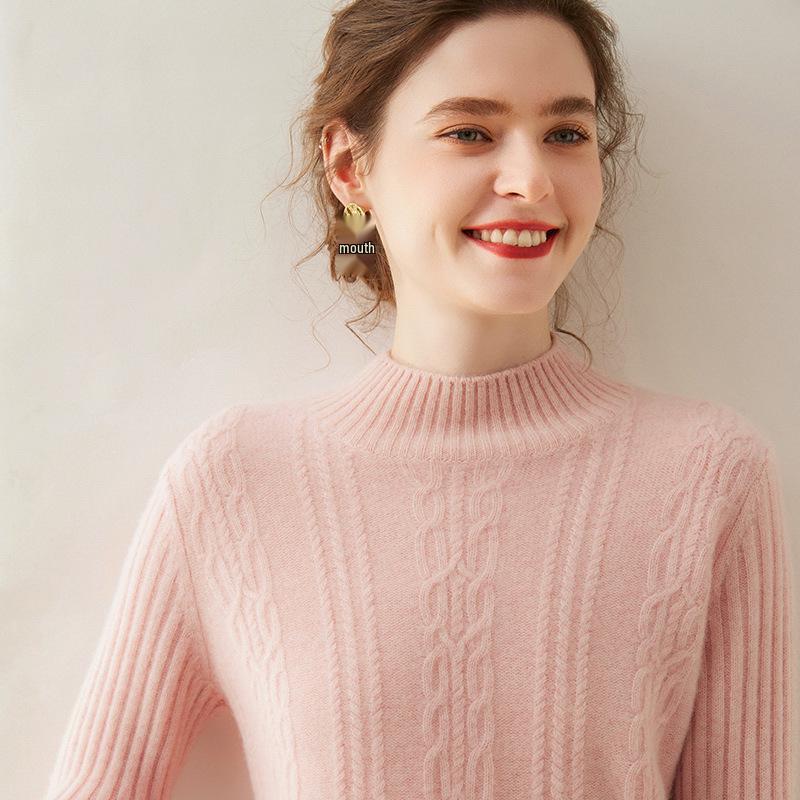 2024 Autumn/Winter Women's Retro Cable Knit Half-High Neck Cashmere Loose Pullover Sweater - Simple Solid Color Base Layer