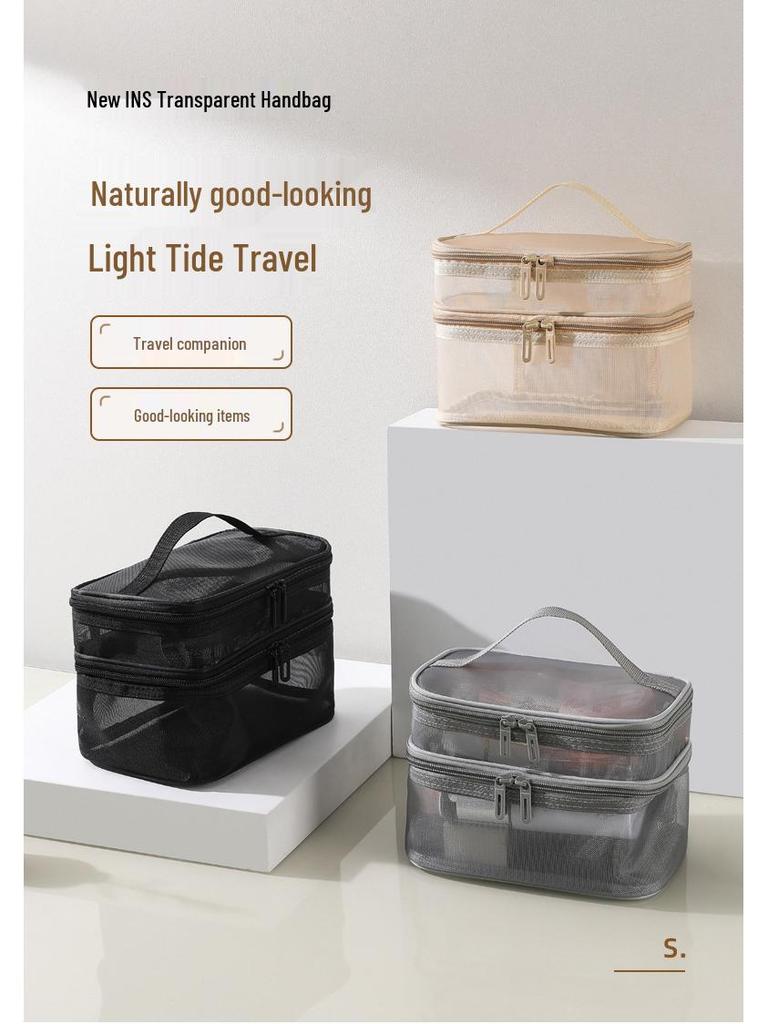 Large Capacity Double Layer Mesh Makeup & Toiletry Bag - Portable Travel Cosmetic Storage