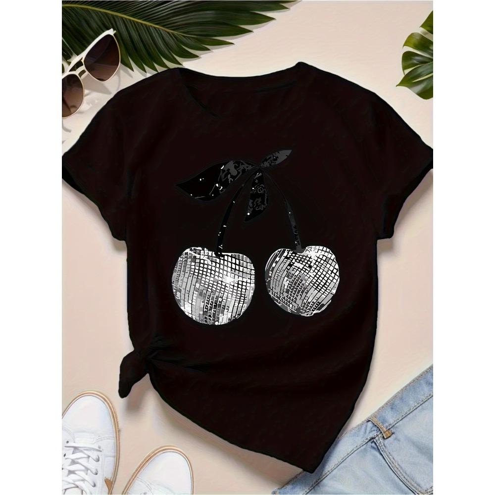 Women's Casual Short Sleeve T-Shirt Black Fit Round Neck with Bright Geometric Cherry Print Harajuku Short Sleeve