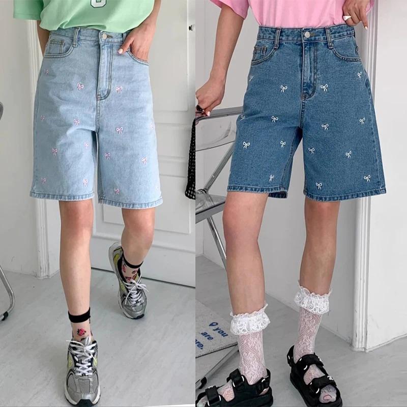 Fashion Retro Bow Large Size Loose Denim Shorts Women Casual Vintage Summer Wide Leg Pant Female Button High Waist Short Streetwear Jeans