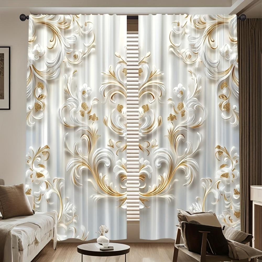 2pcs Artistic Floral Print Polyester Curtains with Gold Accents – for Living Room   Office & Study Decor