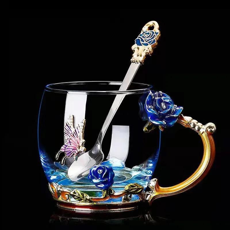 Uropean Enamel Rose Glass Cup Set with Hand-Carved Floral Design – Vintage Luxury Coffee & Tea Cups