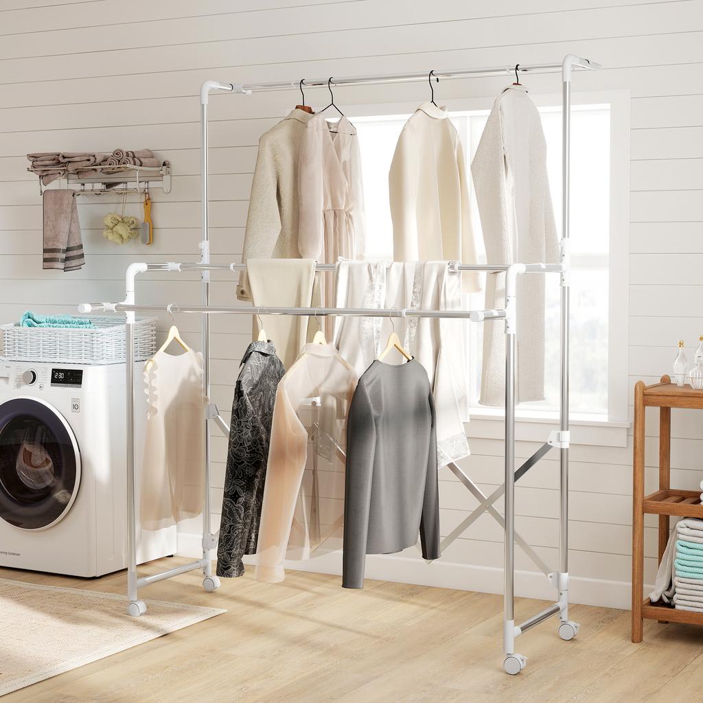 Clothes Drying Rack, Foldable Standing Dryer with 3 Adjustable Rails, Stainless Steel Tower Drying Rack on Wheels, for Indoor and Outdoor