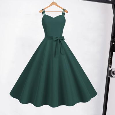 Vintage Damen Kleid A-Linie Big Swing Einfarbig Rückenfrei Spaghettiträger 50er Schleife Dekor Abschlussball Cocktail Party Hochzeit Midikleid Abendkleid