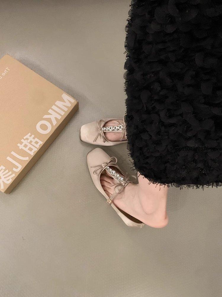 Fashion Ballet Flats Spring Autumn Square Toes Crystal 2025 Women Mary Jane Shoes New Butterfly-knot Ladies Party Dress Thick Heel Shoes