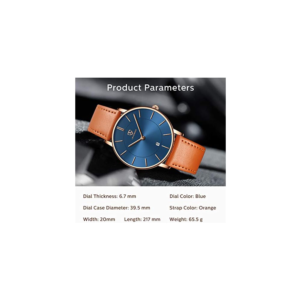 Minimalist Men's Analog Watch with Date, Leather Strap, Orange Blue Gold