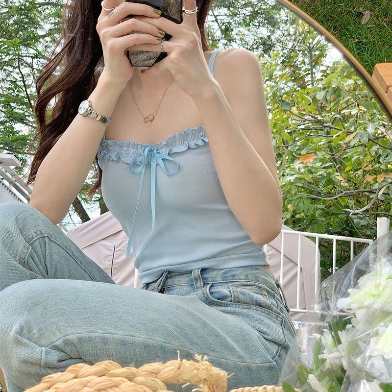 

Женский топ-майка на тонких бретелях в стиле чистой страсти с нагрудными вкладышами, лето 2024, новинка, прилегающий короткий внутренний/верхний элемент верхней одежды Blue(Chic lace]) All yards(40.00 kg-67.50 kg)