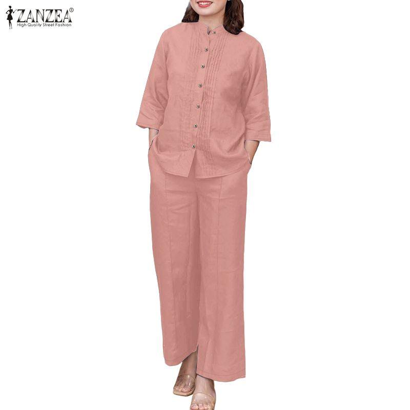 

ZANZEA Женские повседневные комплекты из блузки и брюк с рукавом 3/4 из двух предметов 5XL розовый