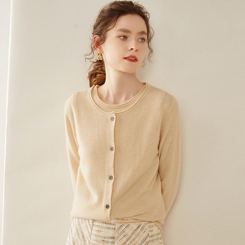 Women's Long-Sleeve Cashmere Cardigan - Round Neck, Cuffed, Single-Breasted, Loose Fit, Slimming Sweater for 2024 Autumn/Winter