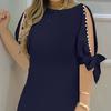 Lady Dress Three Quarter Sleeves Round Neck Plus Size Solid Color Soft Breathable Sexy Loose Knee Length Bead Decor