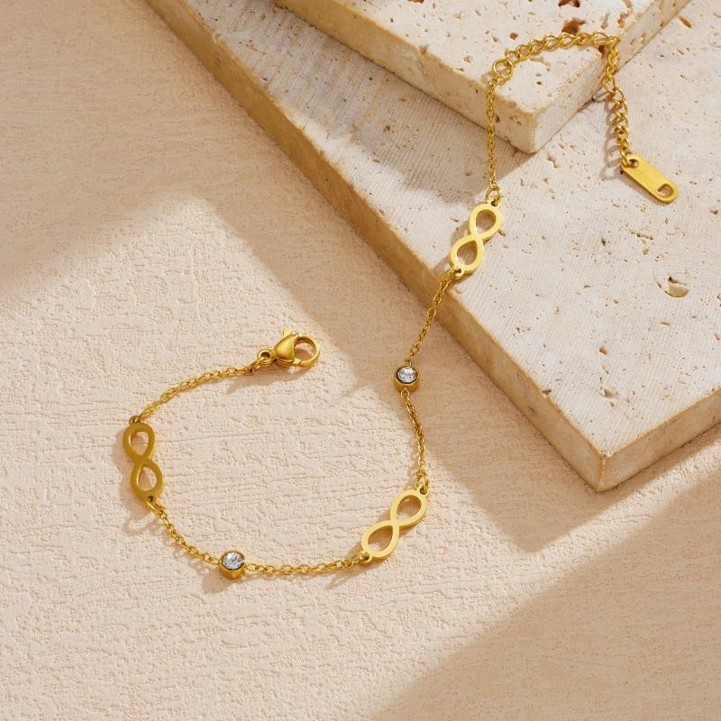 Gold Plated Infinity Symbol Bracelet with CZ Beads, Dainty Adjustable Cable Chain for Women, Minimalist Daily Jewelry