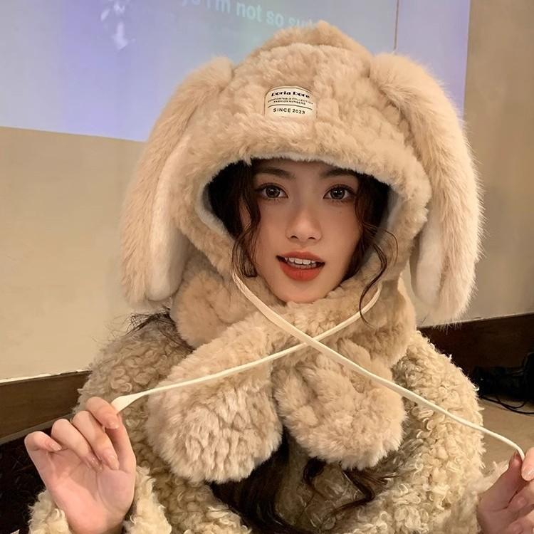 Chapeau en peluche mignon et tendance de style coréen avec de longues oreilles de lapin pour femmes Chaud et polyvalent Montrant le visage Petit Protège-oreilles Protection du cou Chapeau