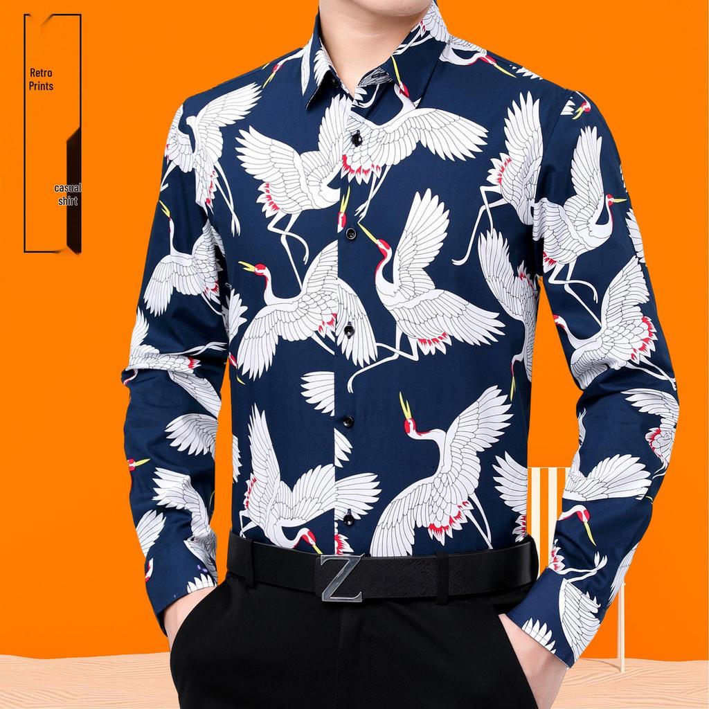 Spring & Autumn Men's Plus Size Printed Cotton Linen Shirt - Business Casual, Long Sleeve.