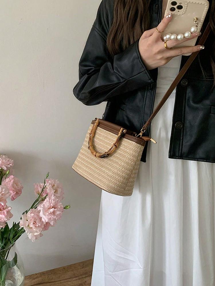 New Summer Woven Bucket Bag for Women Casual Beach Handbag Crossbody Shoulder Bag