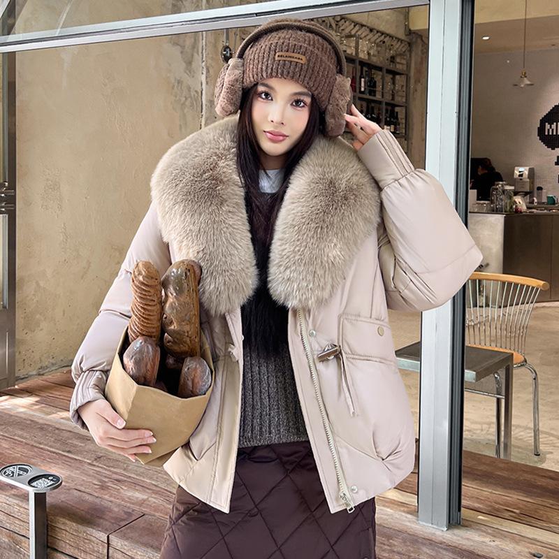 

Winter fashion big fur collar cotton jacket women s short simple loose version thickened bread jacket 3xl recommended 80-87.5kg хакі