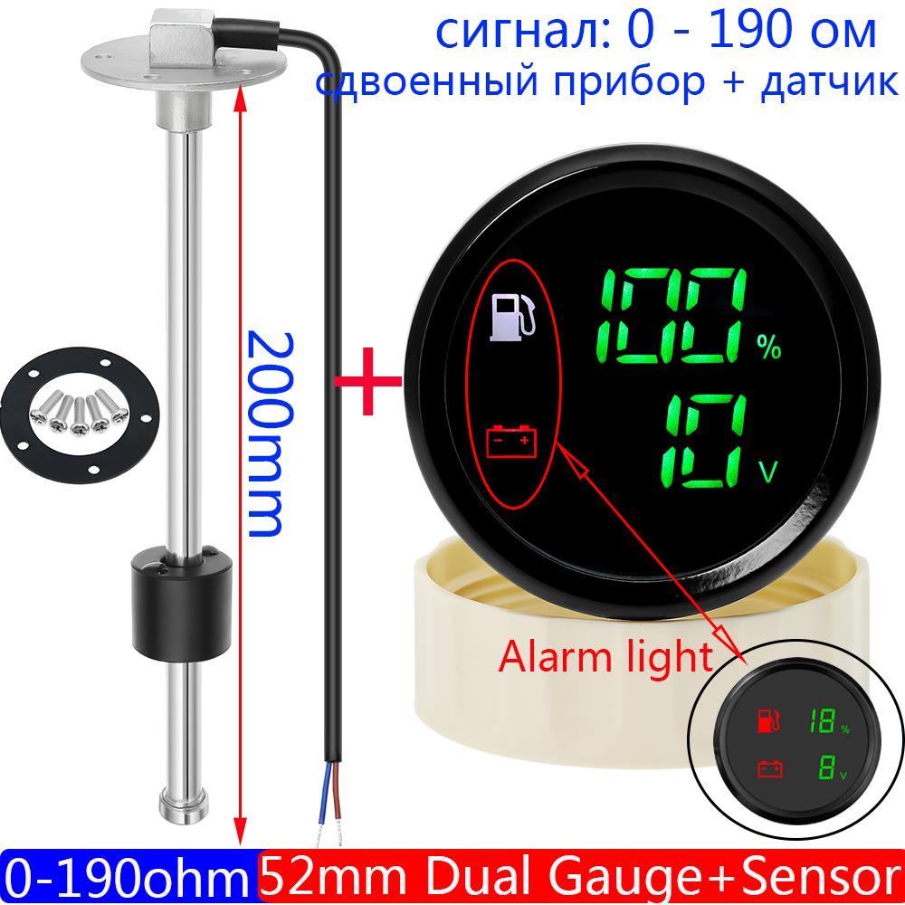 New 52mm Universal 2 in 1 Dual Gauge with Alarm LED Fuel Level Meter Voltmeter+Fuel Tank Level Sensor 0-190 Ohm Car Boat Custom