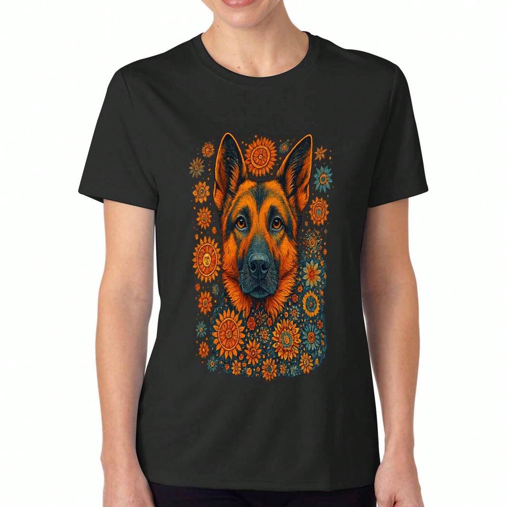 T-shirt unisex in cotone con fiori di Pastore Tedesco, Stampa Premium in Puro Cotone, Resistente, Casual e alla Moda. Abbigliamento Carino per Amanti dei Cani, Miglior Regalo per Mamma di Cane,