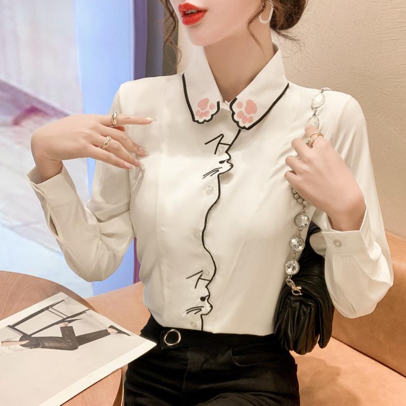 2023 Spring Autumn Cute Top Cat Embroidery Blouse White Long Sleeve Shirt Women Clothing Top Single Breasted Cardigan