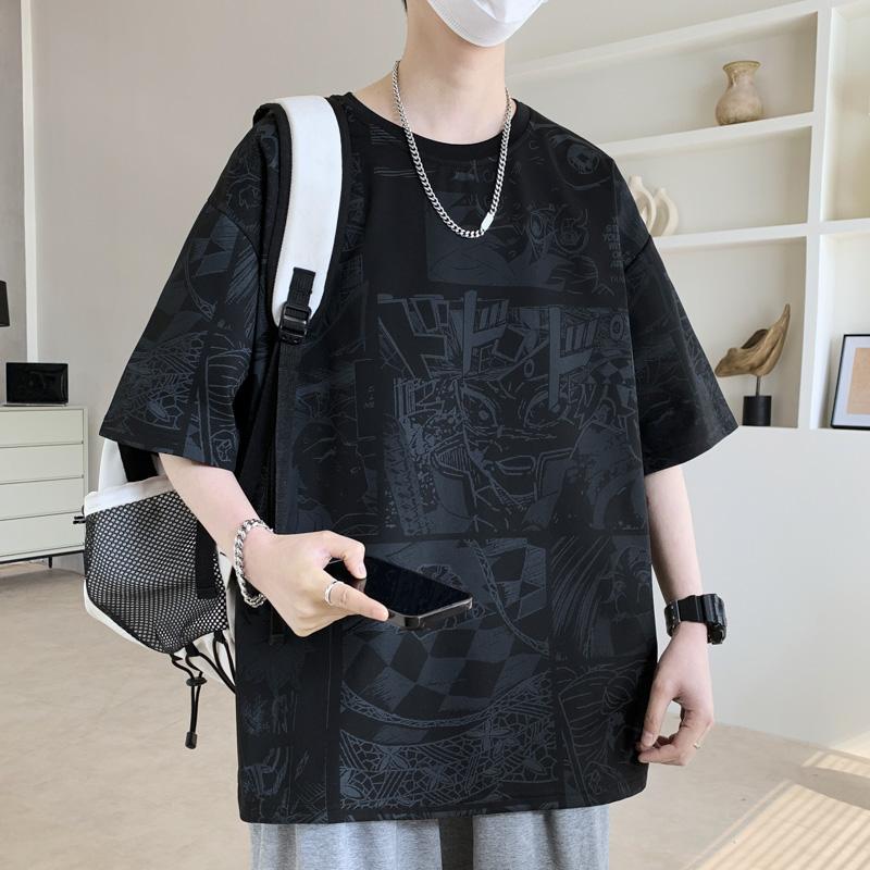 Large Size Trendy Anime Full Print Short Sleeved Men's Japanese Loose Casual Top