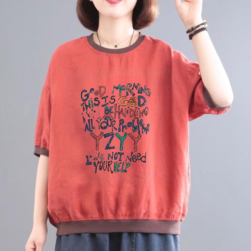 Women's Short Sleeve Shirt Japan Style Vintage Linen Tree Printed T Shirt Chic Women Blouse Loose
