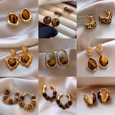 Boucles d'oreilles puces en pierre d'œil de tigre artificielle géométrique boucles d'oreilles rétro Maillard boucles d'oreilles luxe léger