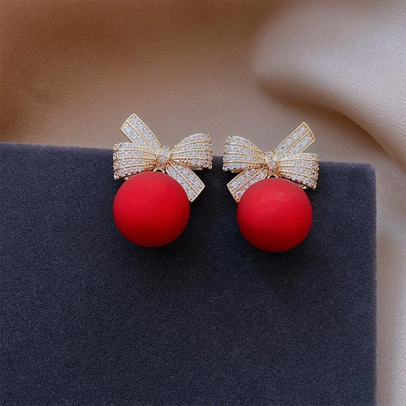 Luxury Red Pearl Zircon Bowknot Earrings Stud For Women Earrings Hook Dangle New Year Christmas Party Jewelry Gift