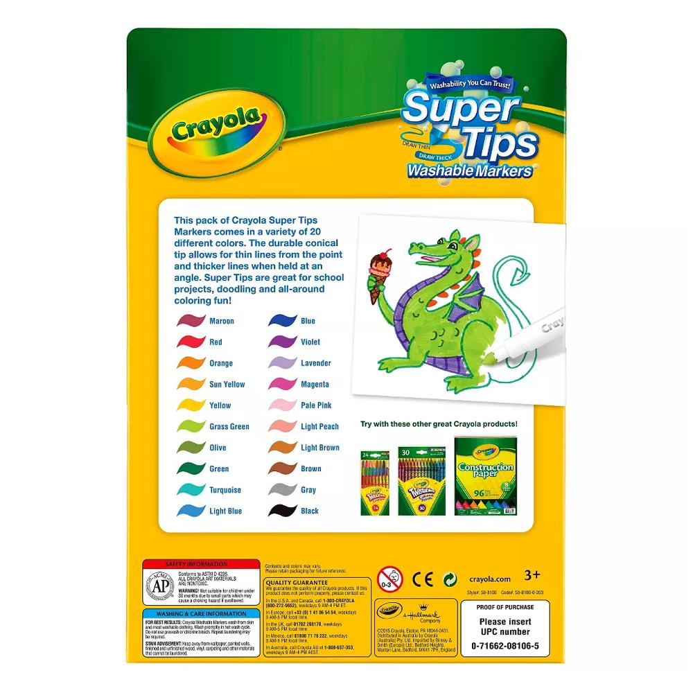 Markery kolorowe zmywalne szkolne dla dzieci Super Tips Crayola 20 kolorów