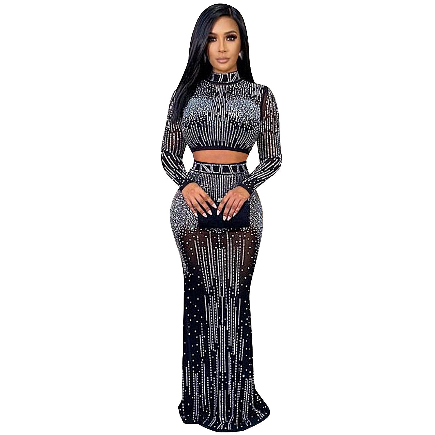 

European Fashion Women s Mesh See-Through Long Sleeve Two-Piece Dress Set XX-Large
