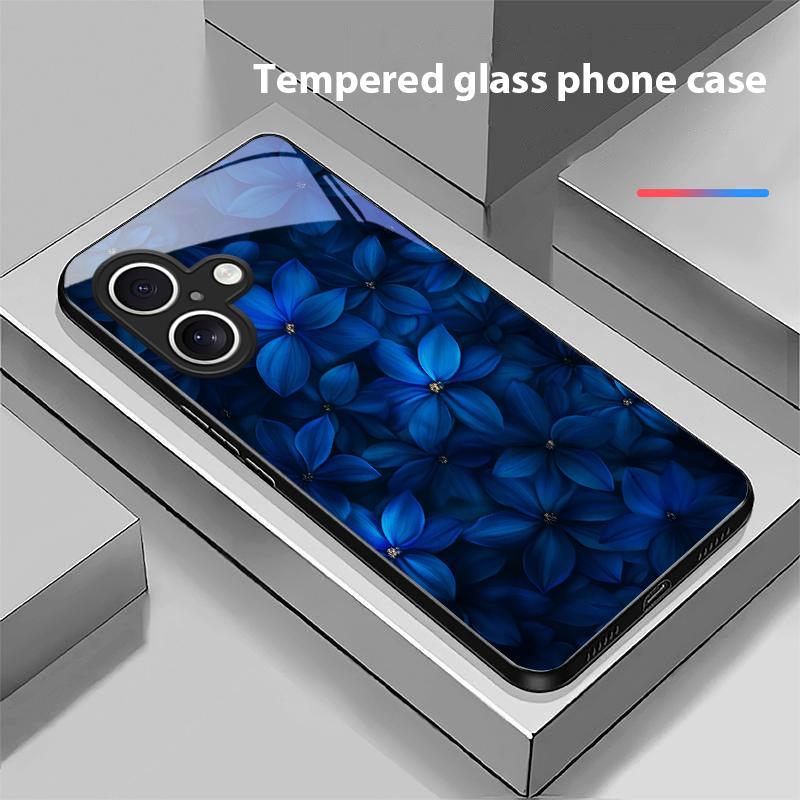 Blue and White Flowers For Apple iPhone 16E 16 E 11 13 15 P Ro 14 Pro Max 12 Mini 7 8 Plus XS Black Tempered Glass Phone Case