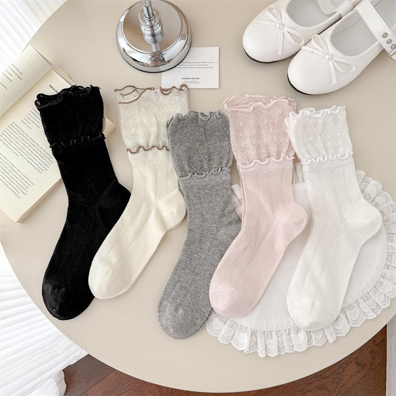 1 Pair Ballet Style Double Layer Black Fungus Edge Socks Summer Thin Mesh Breathable Japanese Style Series Girls Pile Socks