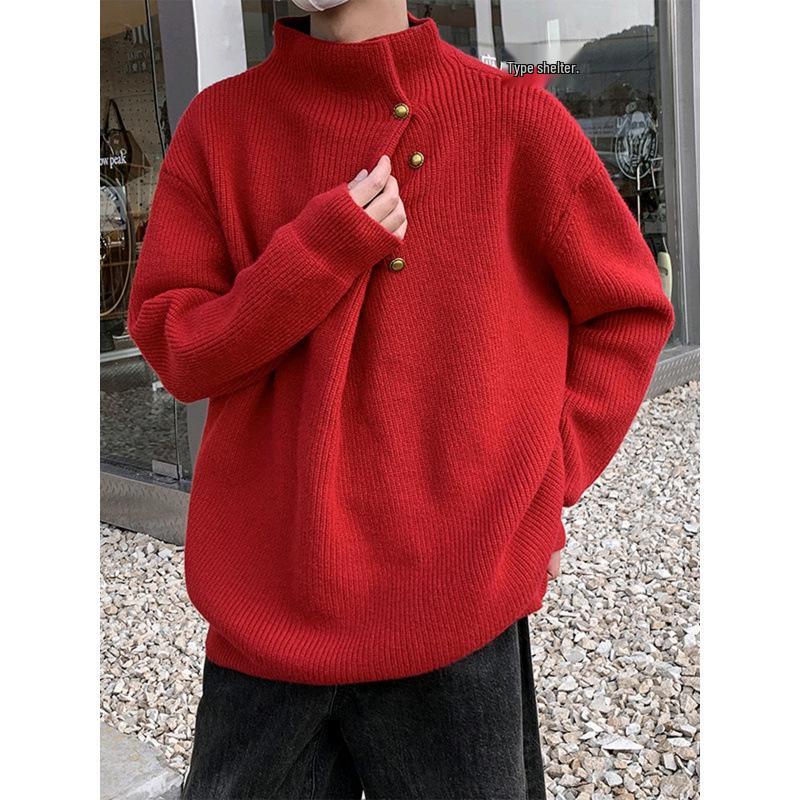 Men's Sophisticated Half-High Neck Button-Up Heavyweight Winter Sweater