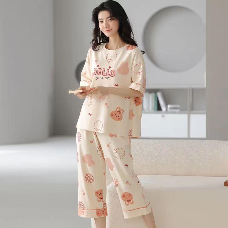Summer Pure Cotton Pajamas Women's Pullover Sweet Casual Short-sleeved Cropped Pants Can Be Worn Outside Loungewear Student Dormitory Set