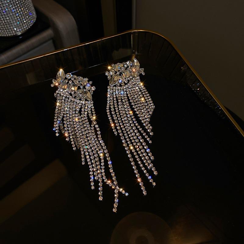 Silver Needle Diamond Flower Water Drop Tassel Earrings Exaggerated Earrings Light Luxury Premium Earrings Women