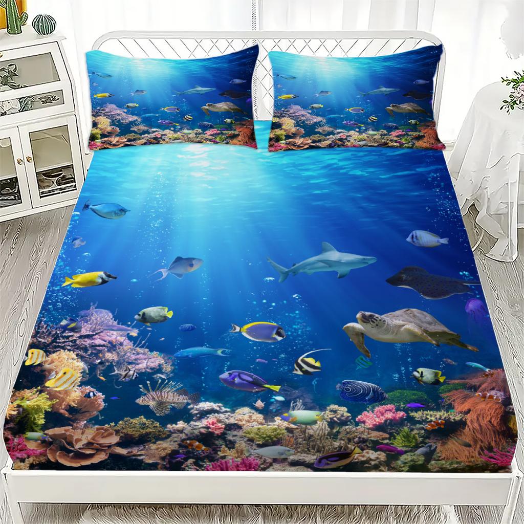 Ocean View Fitted Sheet Set Blue Underwater Sea Life Coral Reef Fish And Turtle Print Bedding With Pillowcases For Bedroom