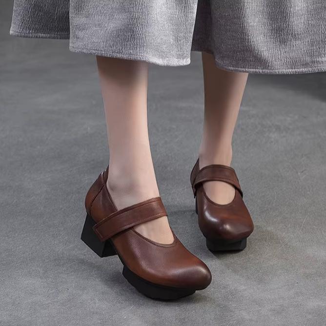 Johnature Allsidige pumps Ekte skinn Hæler Retro Rund tå Grunne Damesko