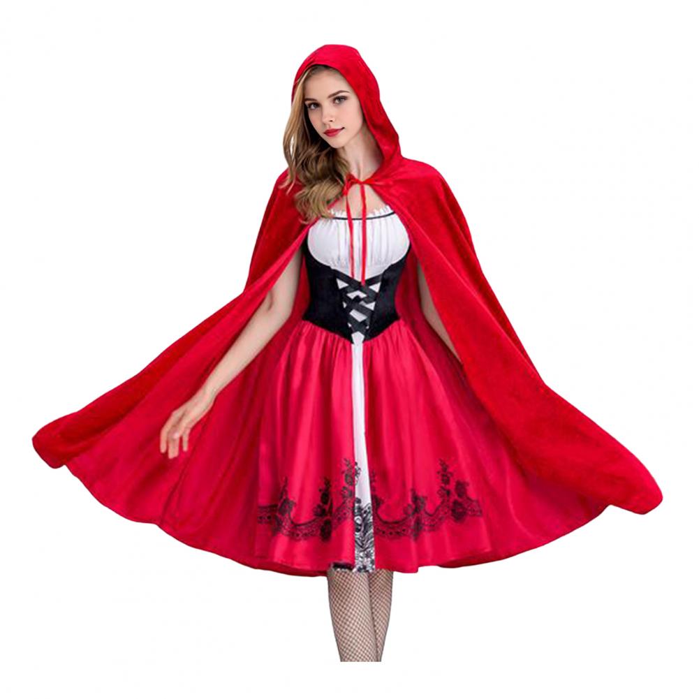 Hooded Cape Dress Women's Little Witch Maid Halloween Costume Set with Red Hat Cloak Dress Cosplay Outfit for Party Stage Show