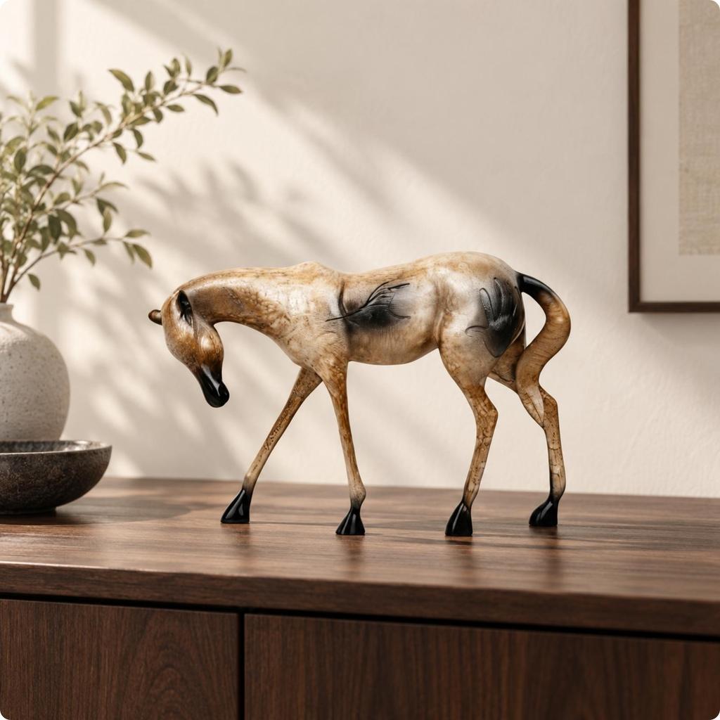 Abstract Horse Sculpture Artistic with Engraved Markings Elegant Stylized Equestrian