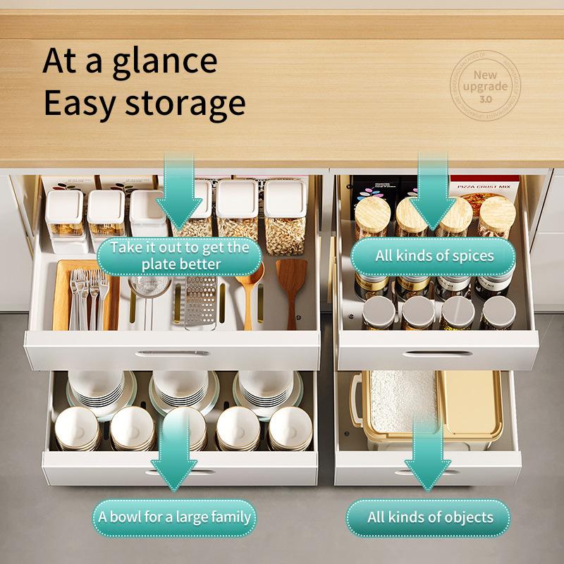 

In-Cabinet Pulley Drawer Shelf Grocery Spice Dish Bowl Kitchen Organiser Deep Cabinet Right Angle Storage Boxes Retractable Rail